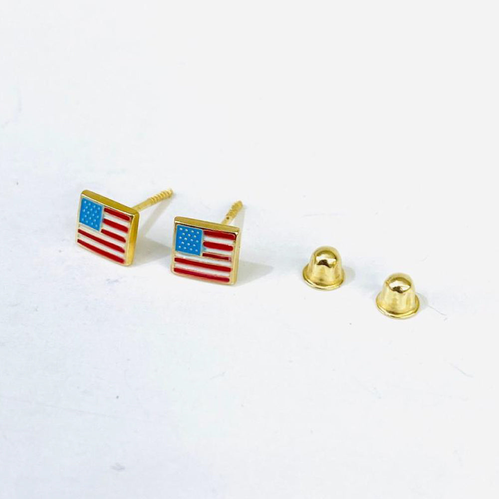 14K Yellow Gold Stud Earrings Screw back United States Flag Design for Babies Kids Girls 5mm