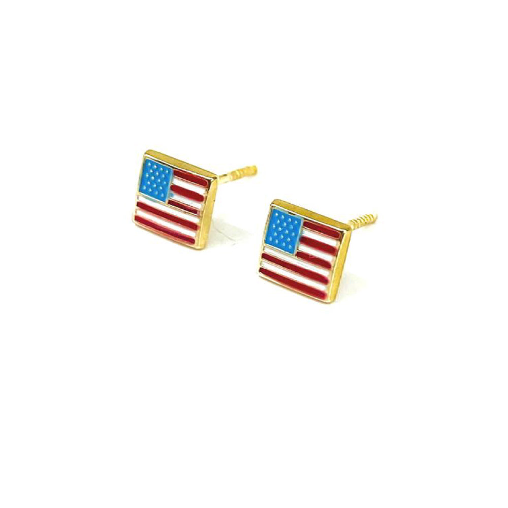 14K Yellow Gold Stud Earrings Screw back United States Flag Design for Babies Kids Girls 5mm