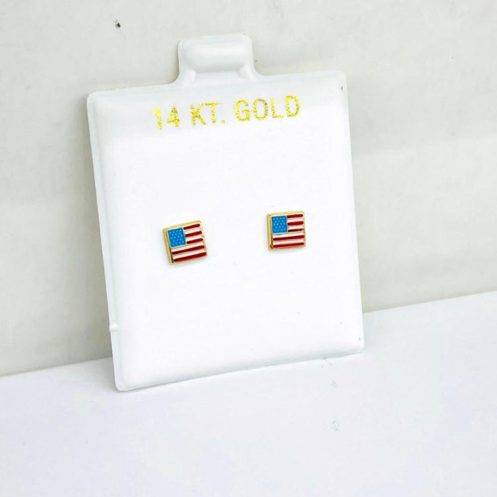14K Yellow Gold Stud Earrings Screw back United States Flag Design for Babies Kids Girls 5mm
