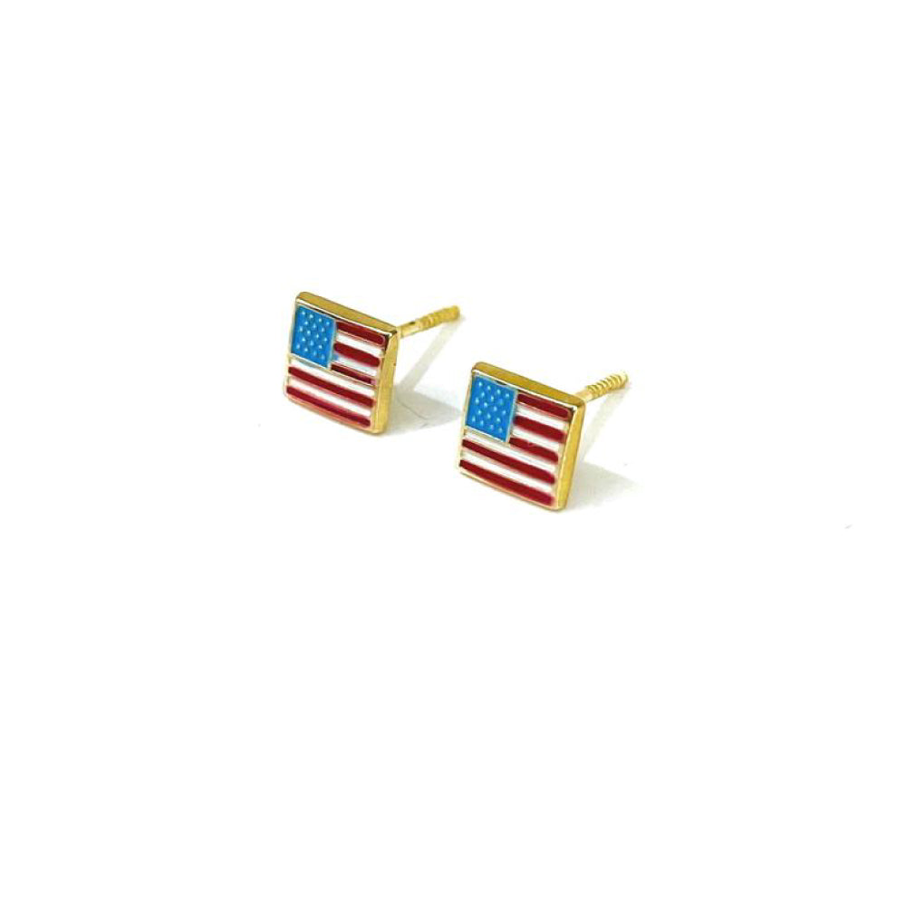 14K Yellow Gold Stud Earrings Screw back United States Flag Design for Babies Kids Girls 5mm