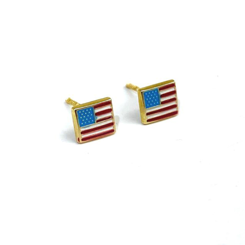 14K Yellow Gold Stud Earrings Screw back United States Flag Design for Babies Kids Girls 5mm