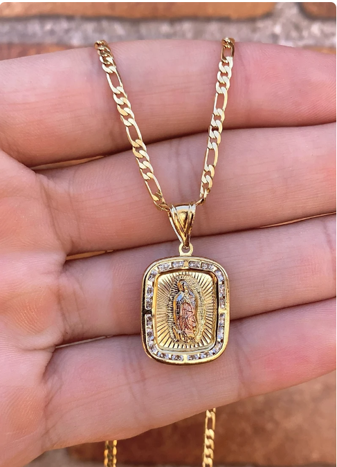 14K Gold Filled Virgem de Guadalupe Pendant CZ Figaro Chain Necklace Mens Womens