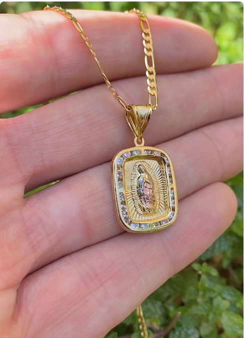 14K Gold Filled Virgem de Guadalupe Pendant CZ Figaro Chain Necklace Mens Womens