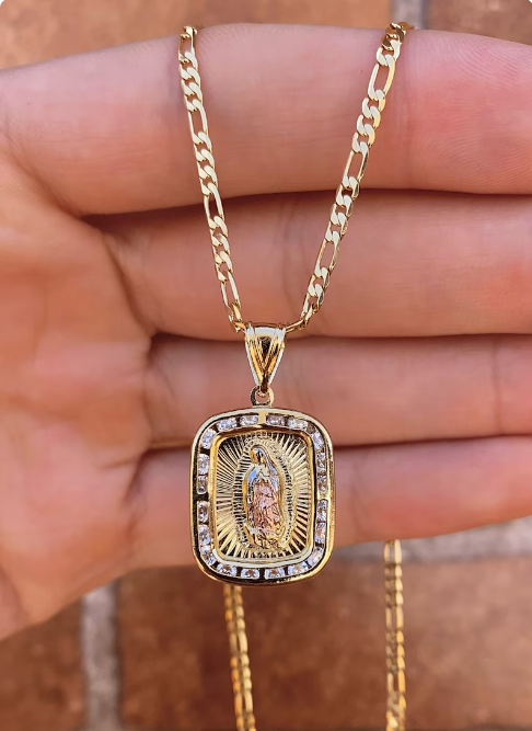 14K Gold Filled Virgem de Guadalupe Pendant CZ Figaro Chain Necklace Mens Womens