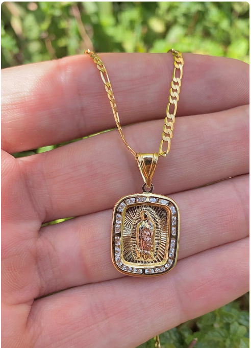 14K Gold Filled Virgem de Guadalupe Pendant CZ Figaro Chain Necklace Mens Womens