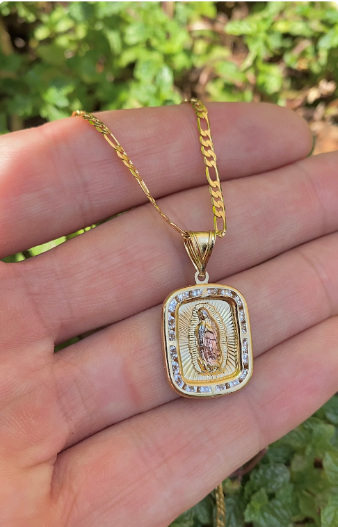 14K Gold Filled Virgem de Guadalupe Pendant CZ Figaro Chain Necklace Mens Womens