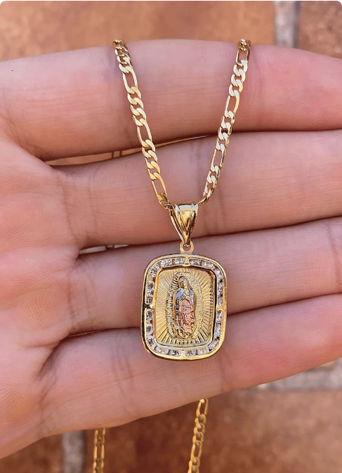 14K Gold Filled Virgem de Guadalupe Pendant CZ Figaro Chain Necklace Mens Womens