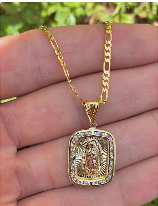 14K Gold Filled Virgem de Guadalupe Pendant CZ Figaro Chain Necklace Mens Womens