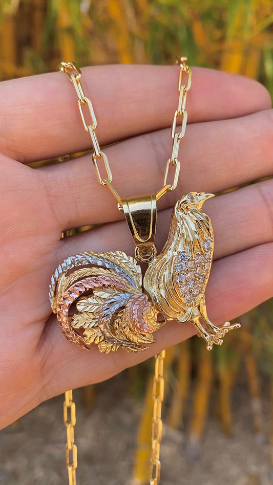 14K Gold Filled Rooster Chicken Necklace 20" Paper Clip Chain For Womens and Mens