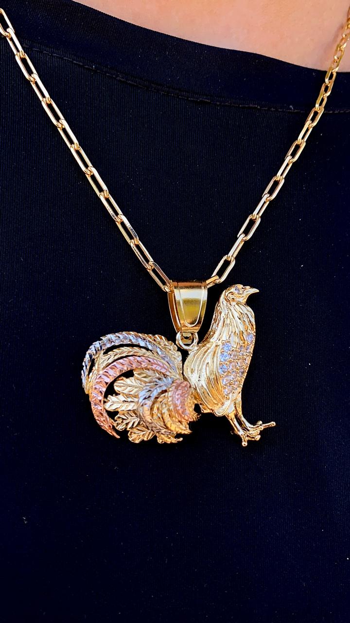 14K Gold Filled Rooster Chicken Necklace 20" Paper Clip Chain For Womens and Mens