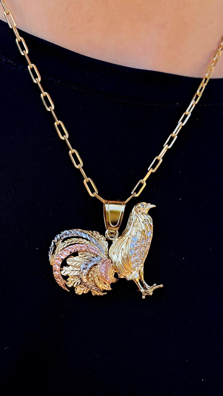 14K Gold Filled Rooster Chicken Necklace 20" Paper Clip Chain For Womens and Mens