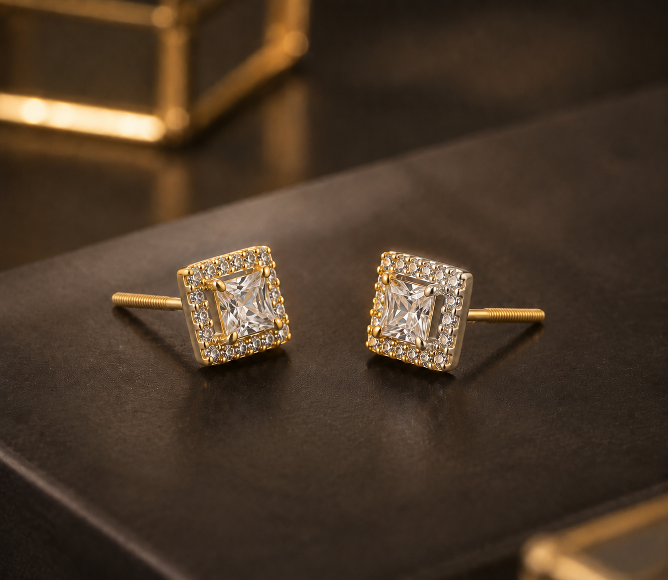 14K Yellow Gold CZ Square Earrings 7x7mm
