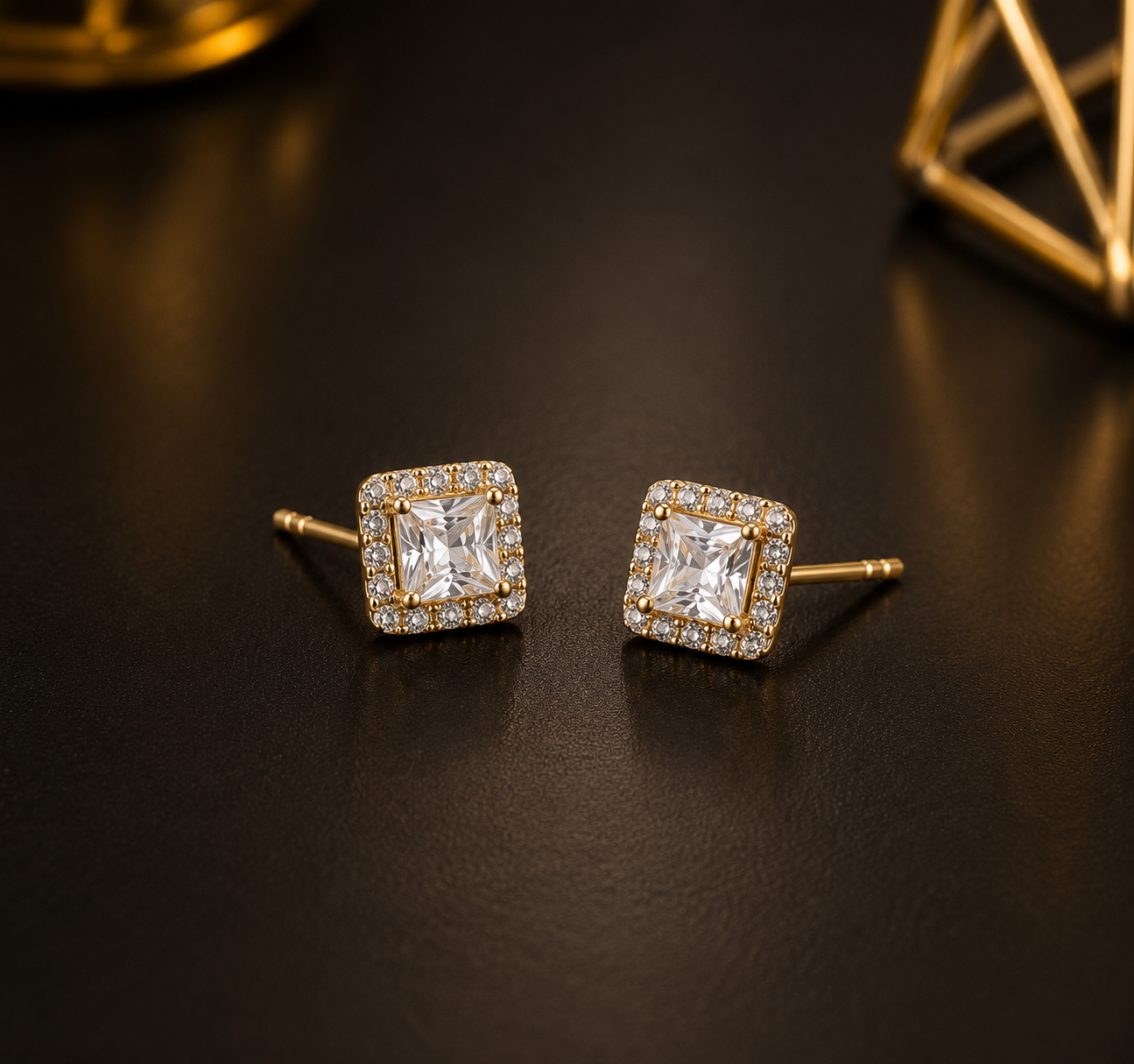 CZ Square 14K Yellow Gold Stud Earrings 9x9mm
