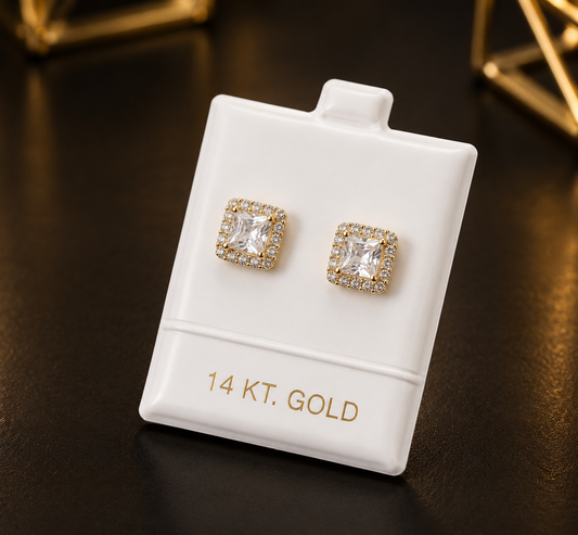 CZ Square 14K Yellow Gold Stud Earrings 9x9mm