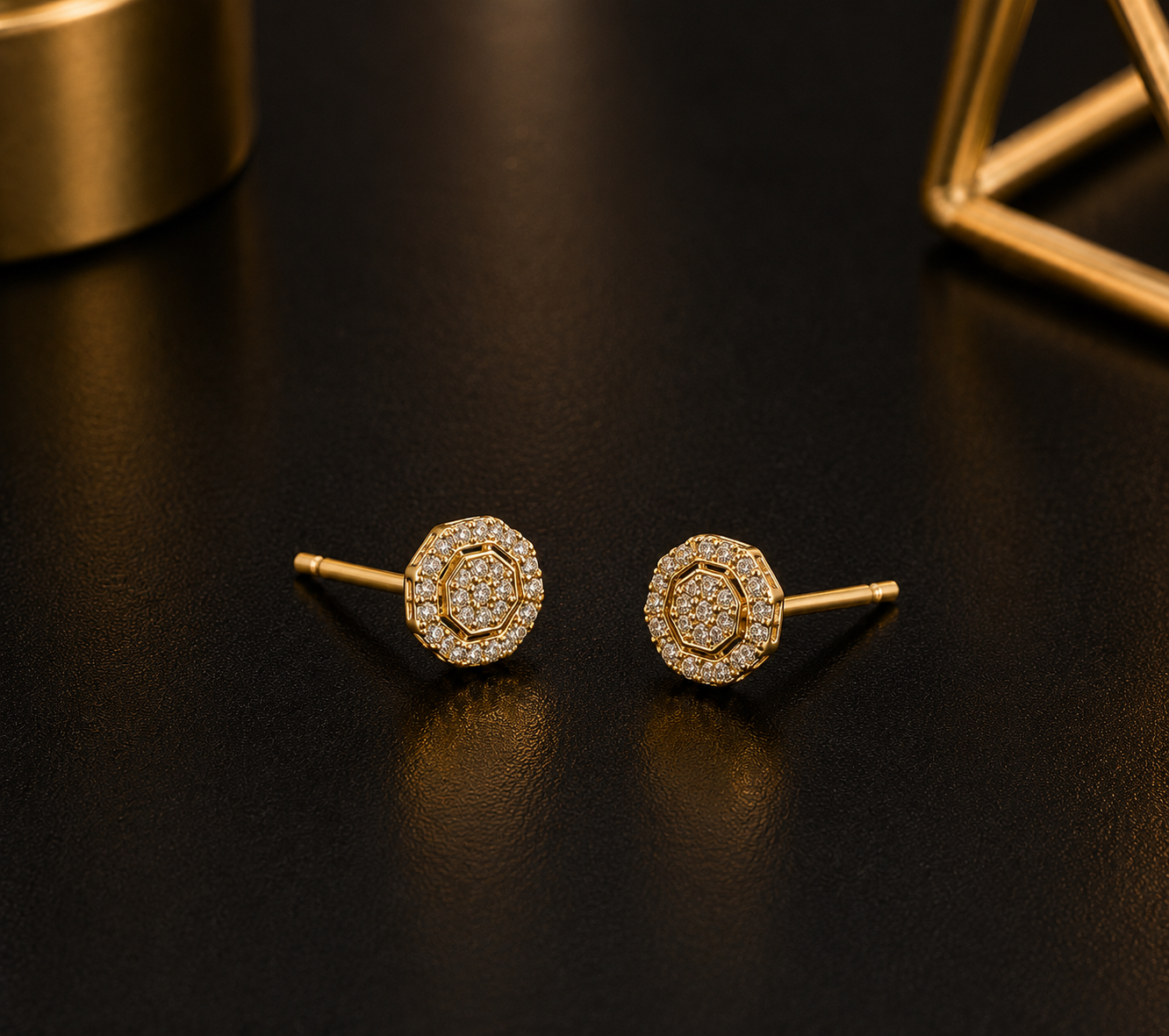 14K Yellow Gold Round Halo Stud Earrings