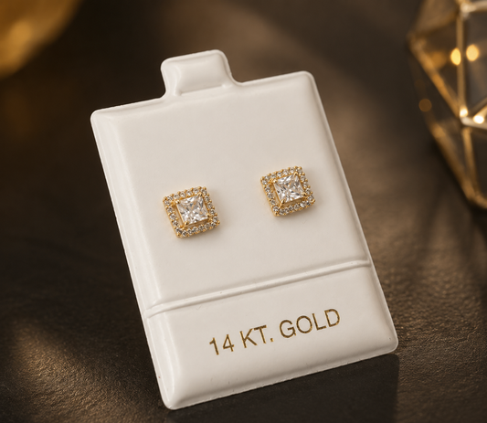 14K Yellow Gold CZ Square Earrings 7x7mm
