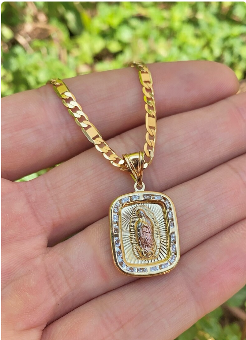 14K Gold Filled Virgencita de Guadalupe Necklace Chain 24" Pendant Jewelry Stylish Mens