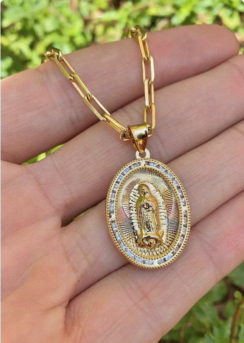 14K Gold Filled Our Lady of Guadalupe Necklace Paper Clip Chain Pendant Jewelry Catholics Everyday Toddler Youth Mens Womens