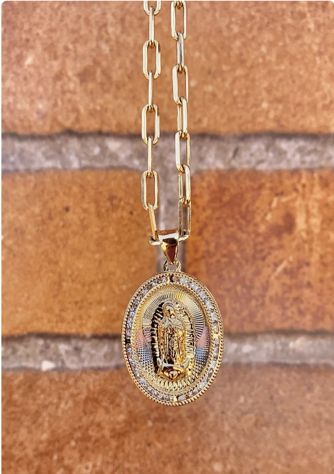 14K Gold Filled Our Lady of Guadalupe Necklace Paper Clip Chain Pendant Jewelry Catholics Everyday Toddler Youth Mens Womens