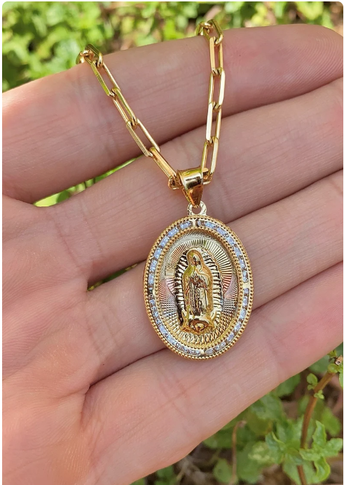 14K Gold Filled Our Lady of Guadalupe Necklace Paper Clip Chain Pendant Jewelry Catholics Everyday Toddler Youth Mens Womens