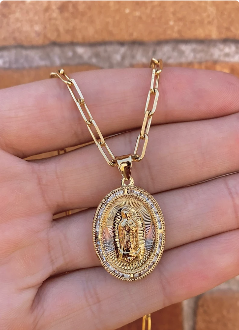 14K Gold Filled Our Lady of Guadalupe Necklace Paper Clip Chain Pendant Jewelry Catholics Everyday Toddler Youth Mens Womens