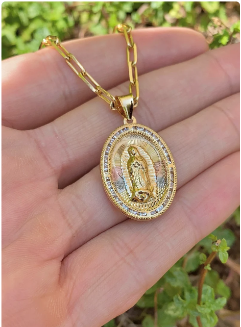 14K Gold Filled Our Lady of Guadalupe Necklace Paper Clip Chain Pendant Jewelry Catholics Everyday Toddler Youth Mens Womens