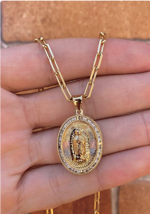 14K Gold Filled Our Lady of Guadalupe Necklace Paper Clip Chain Pendant Jewelry Catholics Everyday Toddler Youth Mens Womens