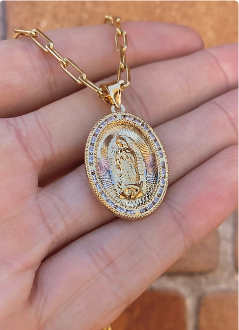 14K Gold Filled Our Lady of Guadalupe Necklace Paper Clip Chain Pendant Jewelry Catholics Everyday Toddler Youth Mens Womens