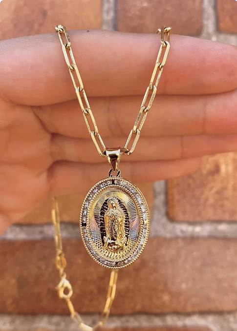 14K Gold Filled Our Lady of Guadalupe Necklace Paper Clip Chain Pendant Jewelry Catholics Everyday Toddler Youth Mens Womens