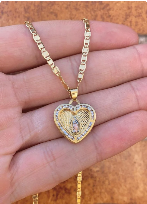 Virgen de Guadalupe Heart Necklace 14K Gold Filled Pendant Womens Ladies Girls