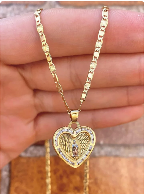 Virgen de Guadalupe Heart Necklace 14K Gold Filled Pendant Womens Ladies Girls