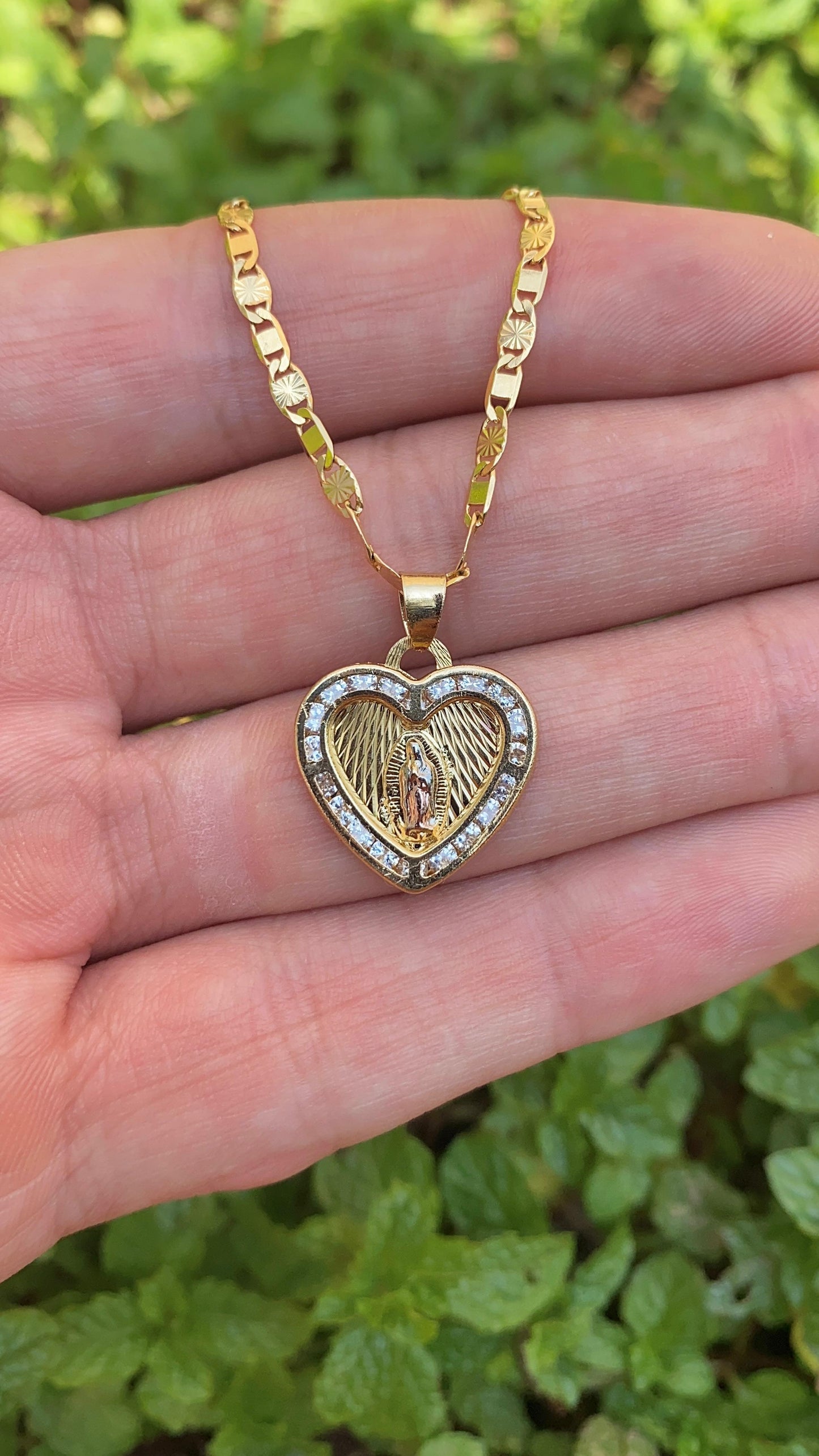 Virgen de Guadalupe Heart Necklace 14K Gold Filled Pendant Womens Ladies Girls