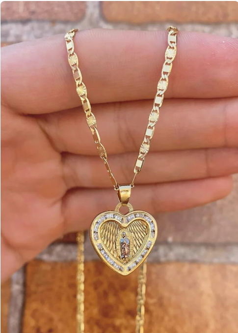 Virgen de Guadalupe Heart Necklace 14K Gold Filled Pendant Womens Ladies Girls