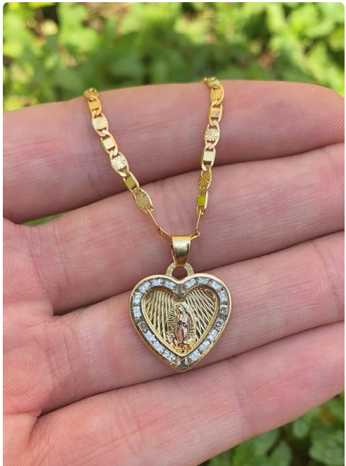 Virgen de Guadalupe Heart Necklace 14K Gold Filled Pendant Womens Ladies Girls