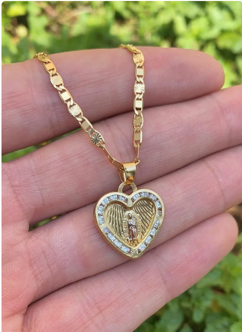 Virgen de Guadalupe Heart Necklace 14K Gold Filled Pendant Womens Ladies Girls