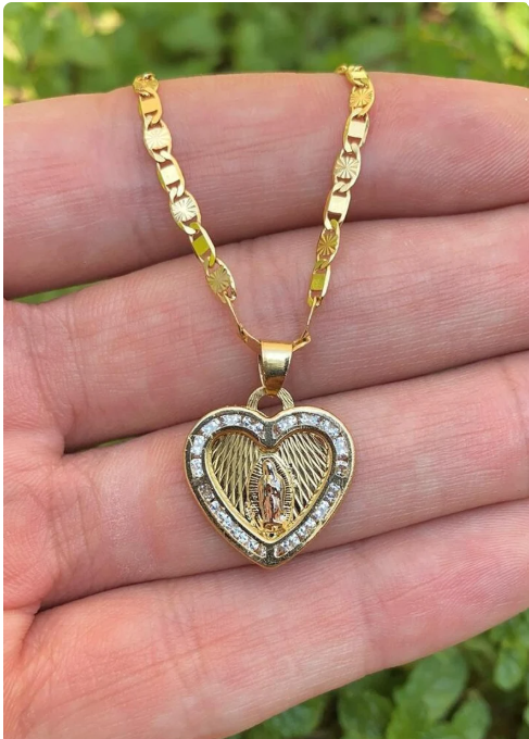 Virgen de Guadalupe Heart Necklace 14K Gold Filled Pendant Womens Ladies Girls