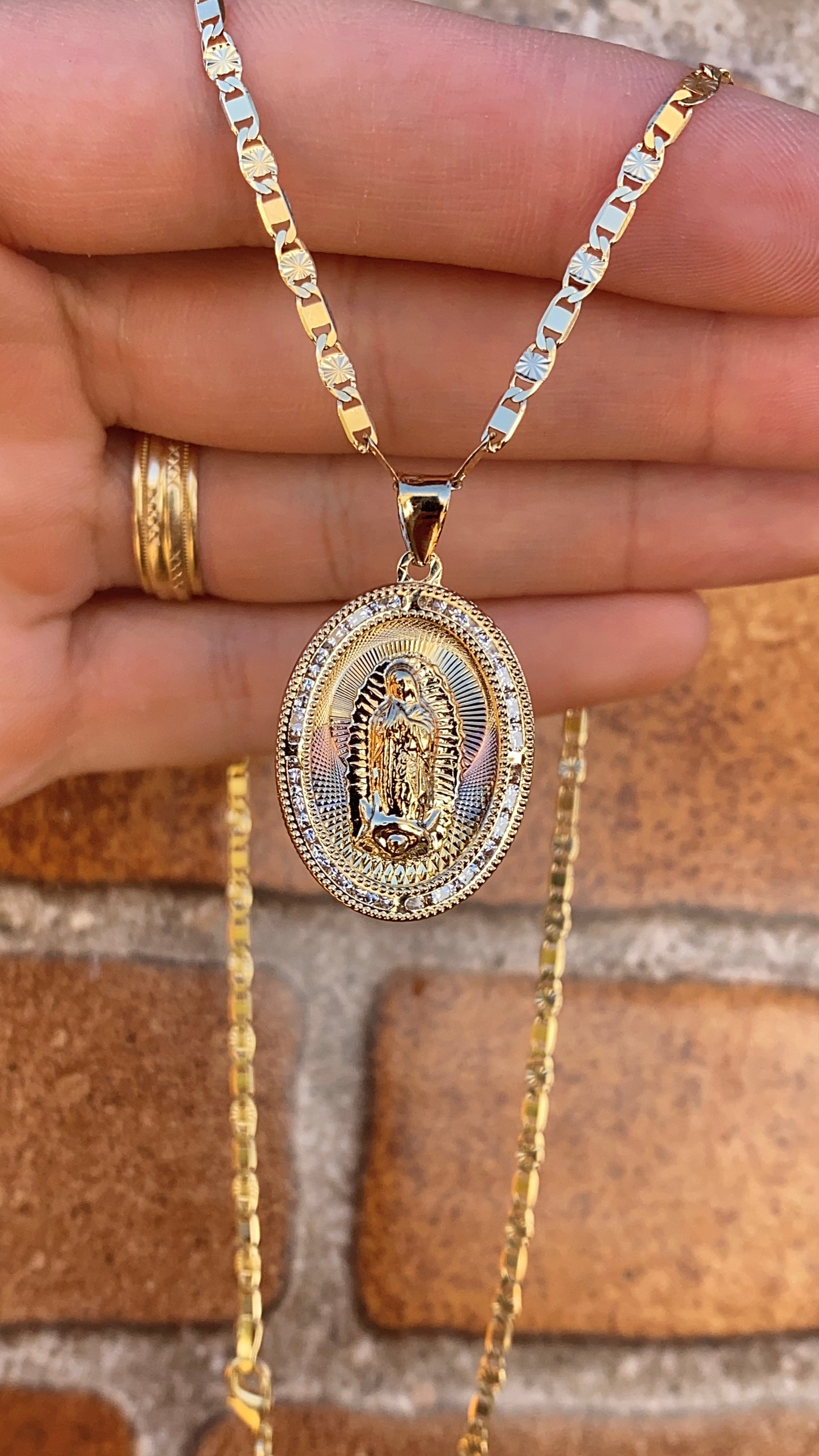 14K Gold Filled Virgen de Guadalupe Necklace CZ Valentino Chain Virgin Mary Pendant 20"