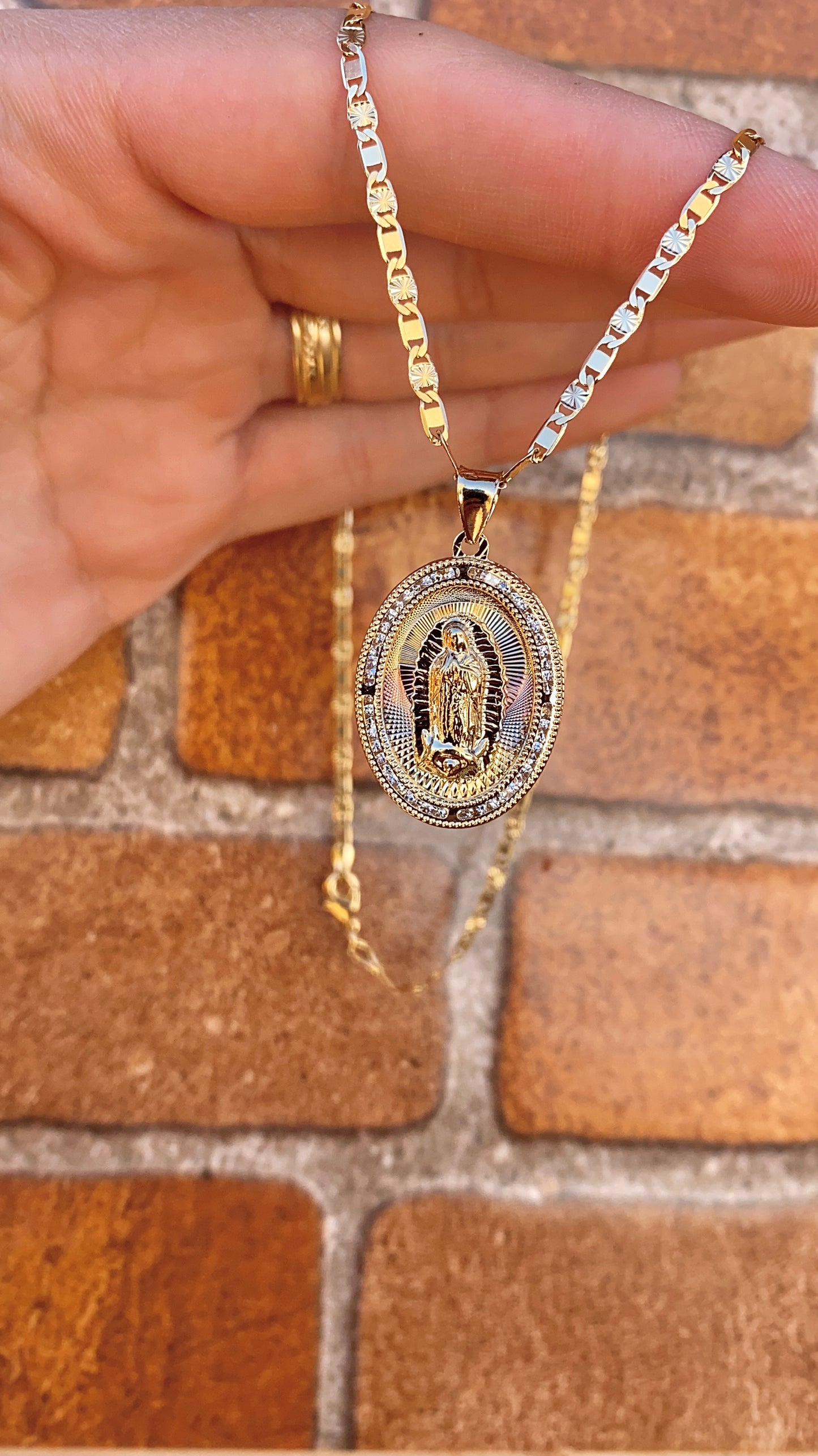 14K Gold Filled Virgen de Guadalupe Necklace CZ Valentino Chain Virgin Mary Pendant 20"