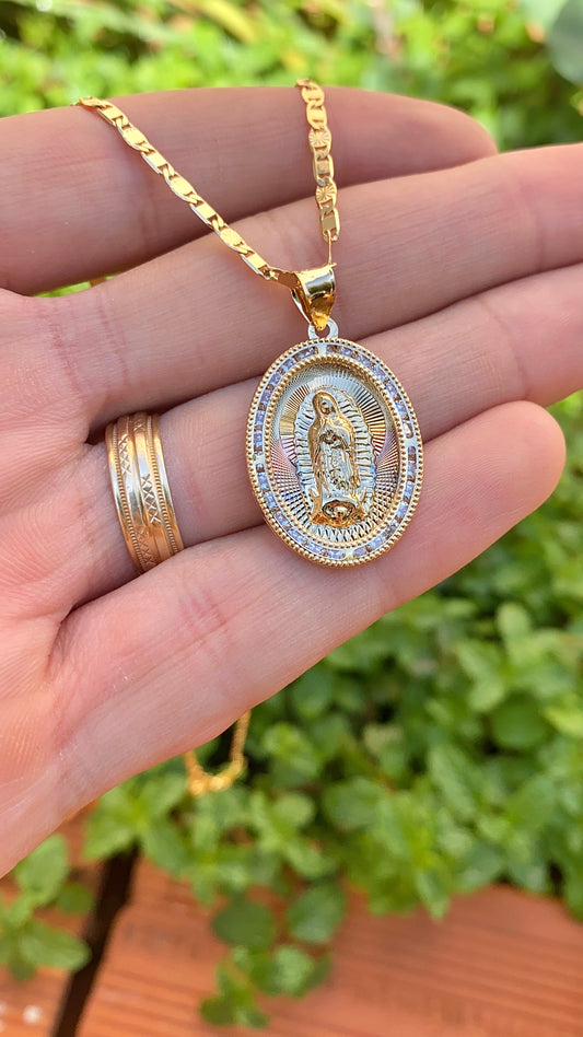 14K Gold Filled Virgen de Guadalupe Necklace CZ Valentino Chain Virgin Mary Pendant 20"