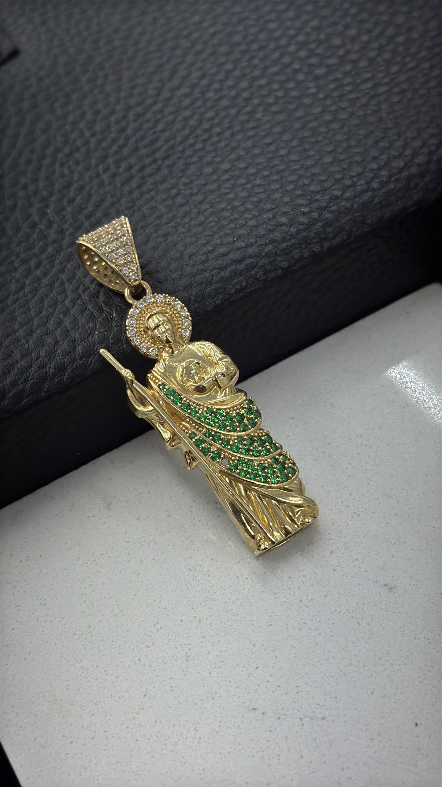 San Judas Pendant CZ 14K Gold 47x16mm