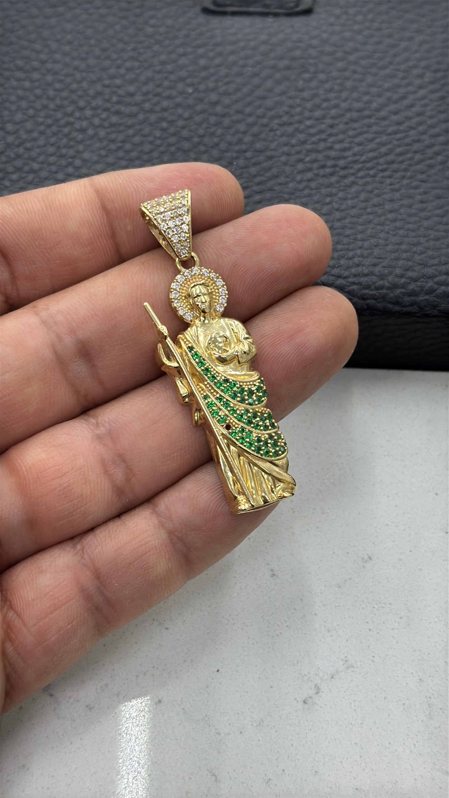 San Judas Pendant CZ 14K Gold 47x16mm