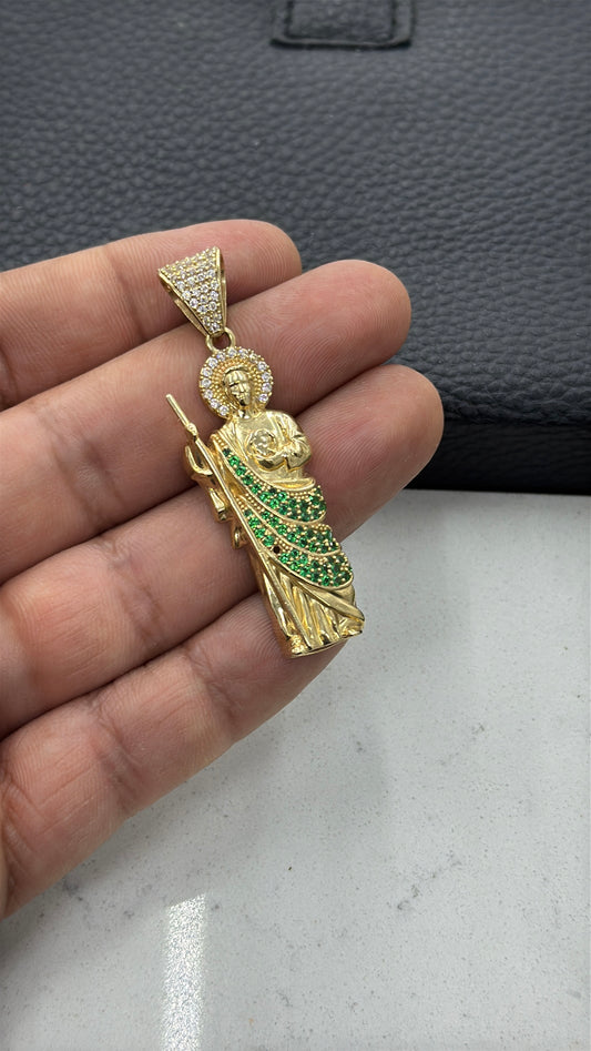 San Judas Pendant CZ 14K Gold 47x16mm