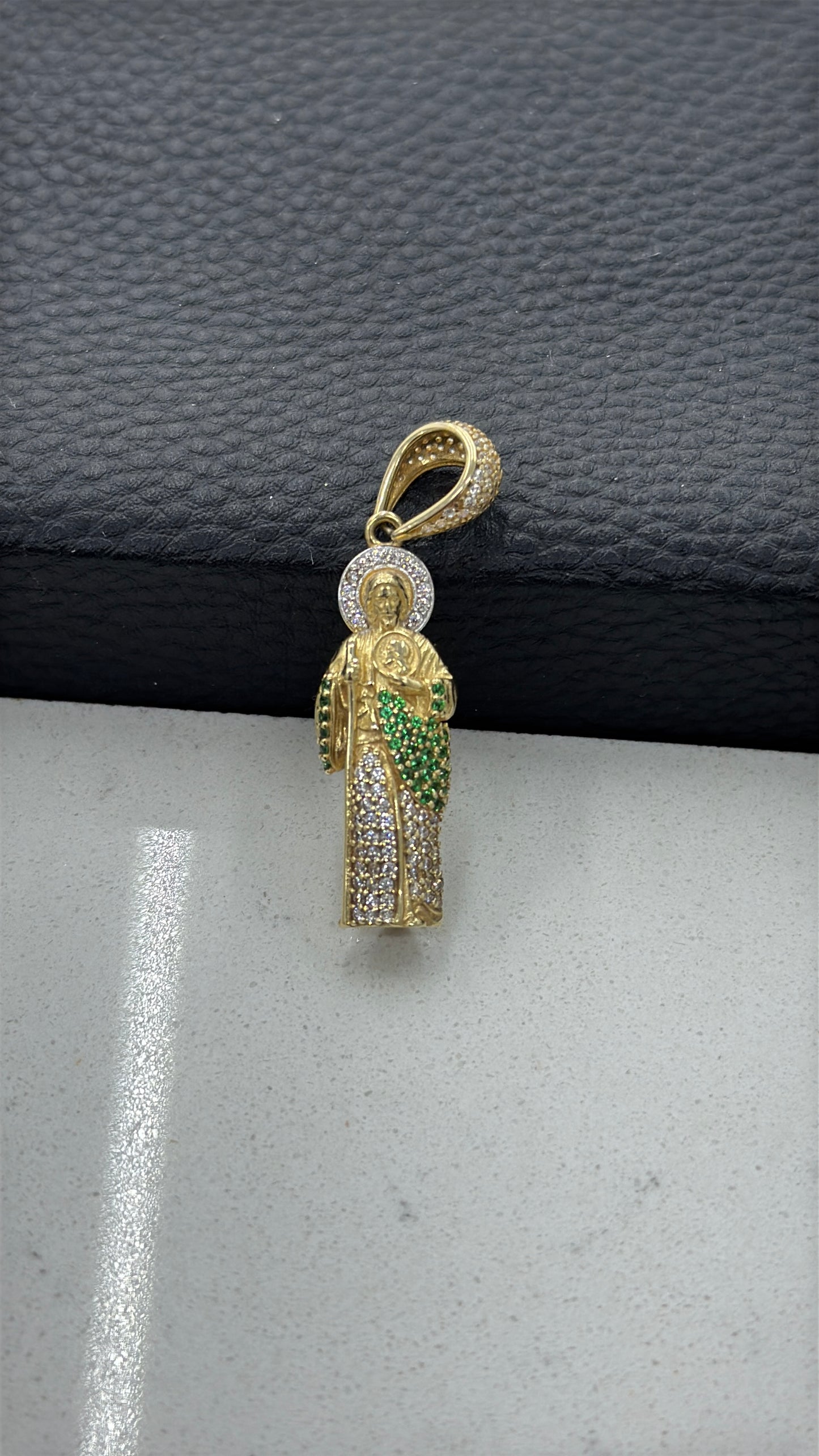 CZ Green & Clear San Judas Pendant 14K Gold 33x11mm