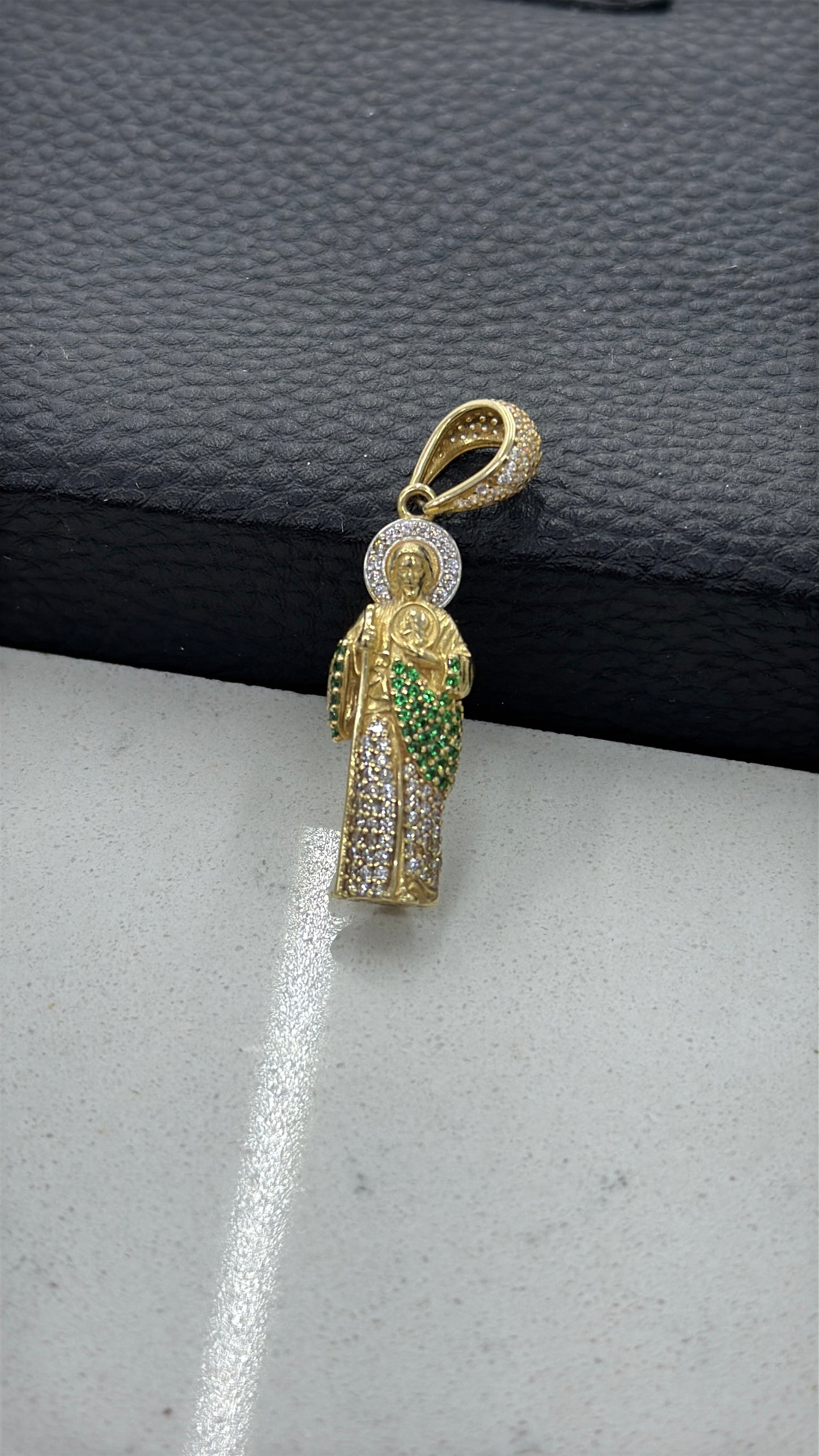 CZ Green & Clear San Judas Pendant 14K Gold 33x11mm