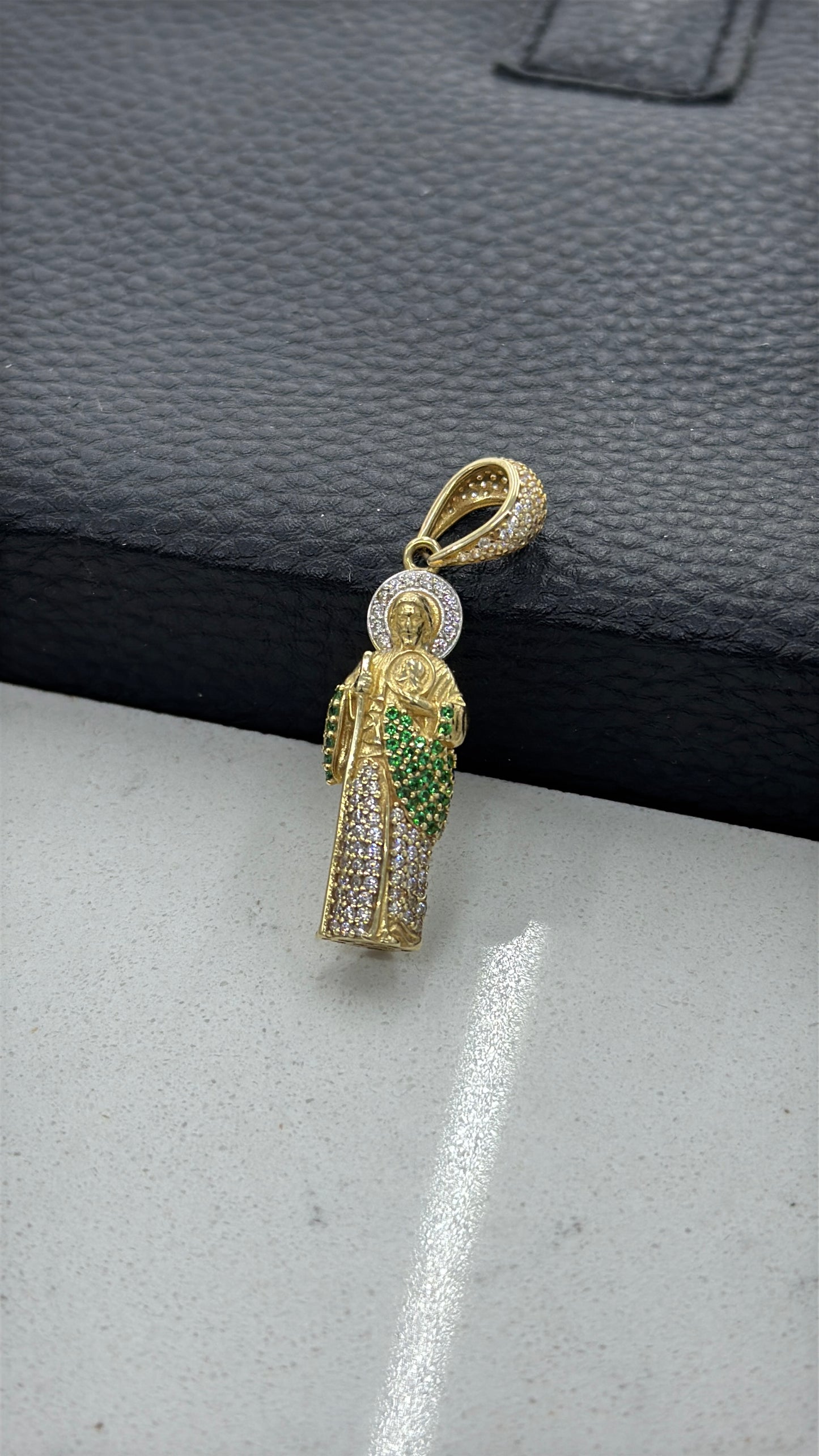 CZ Green & Clear San Judas Pendant 14K Gold 33x11mm