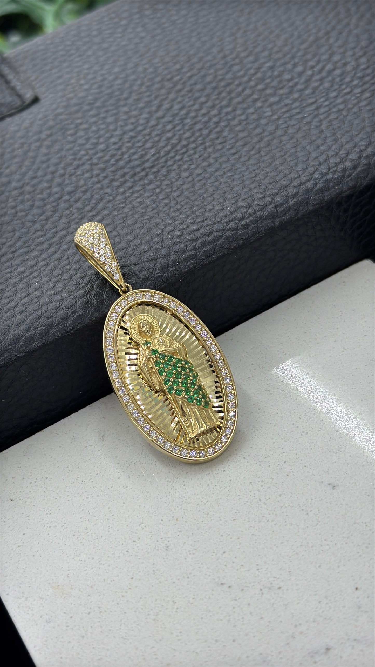 14K Yellow Gold Oval CZ San Judas Pendant 38x22mm