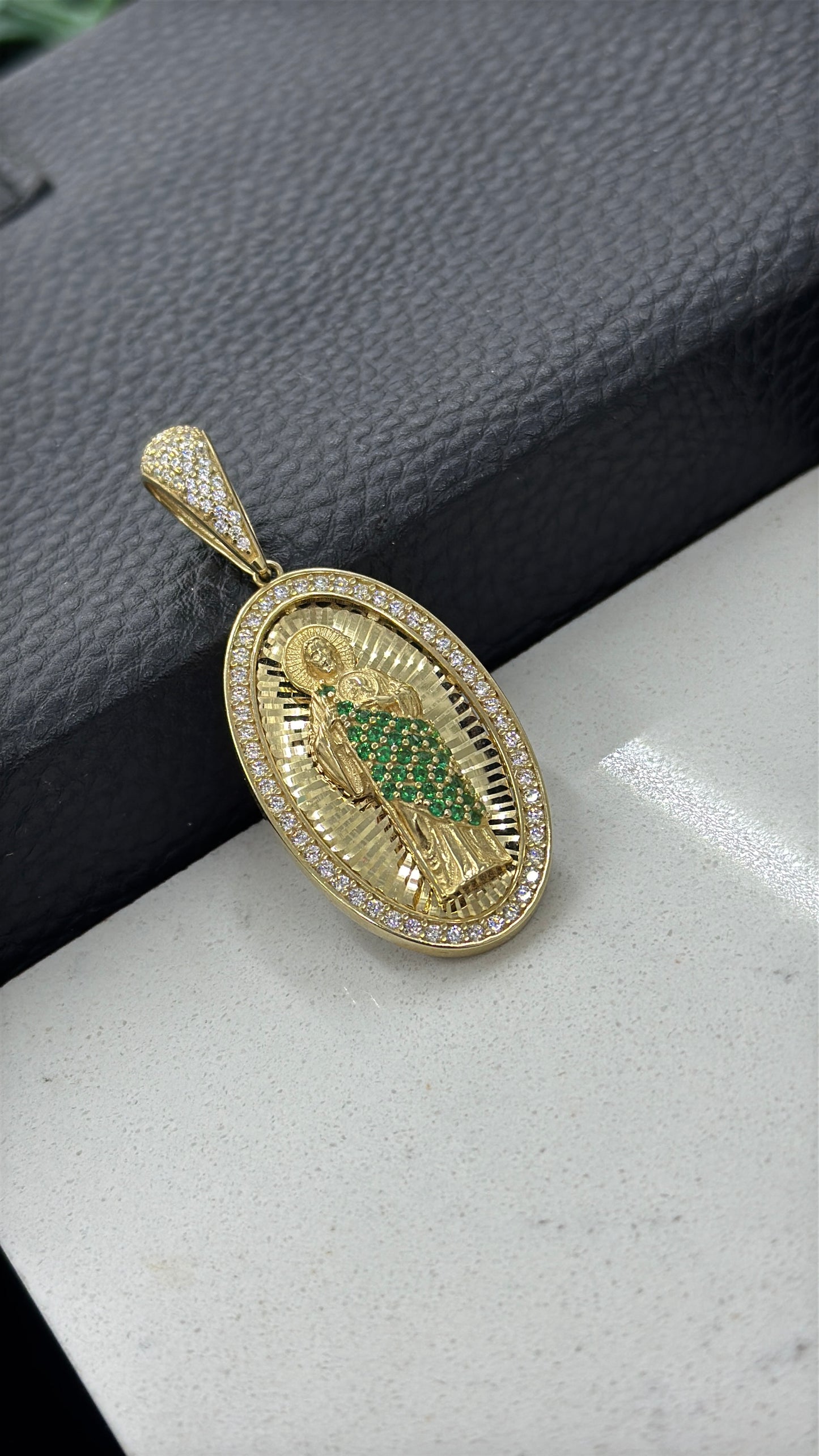 14K Yellow Gold Oval CZ San Judas Pendant 38x22mm