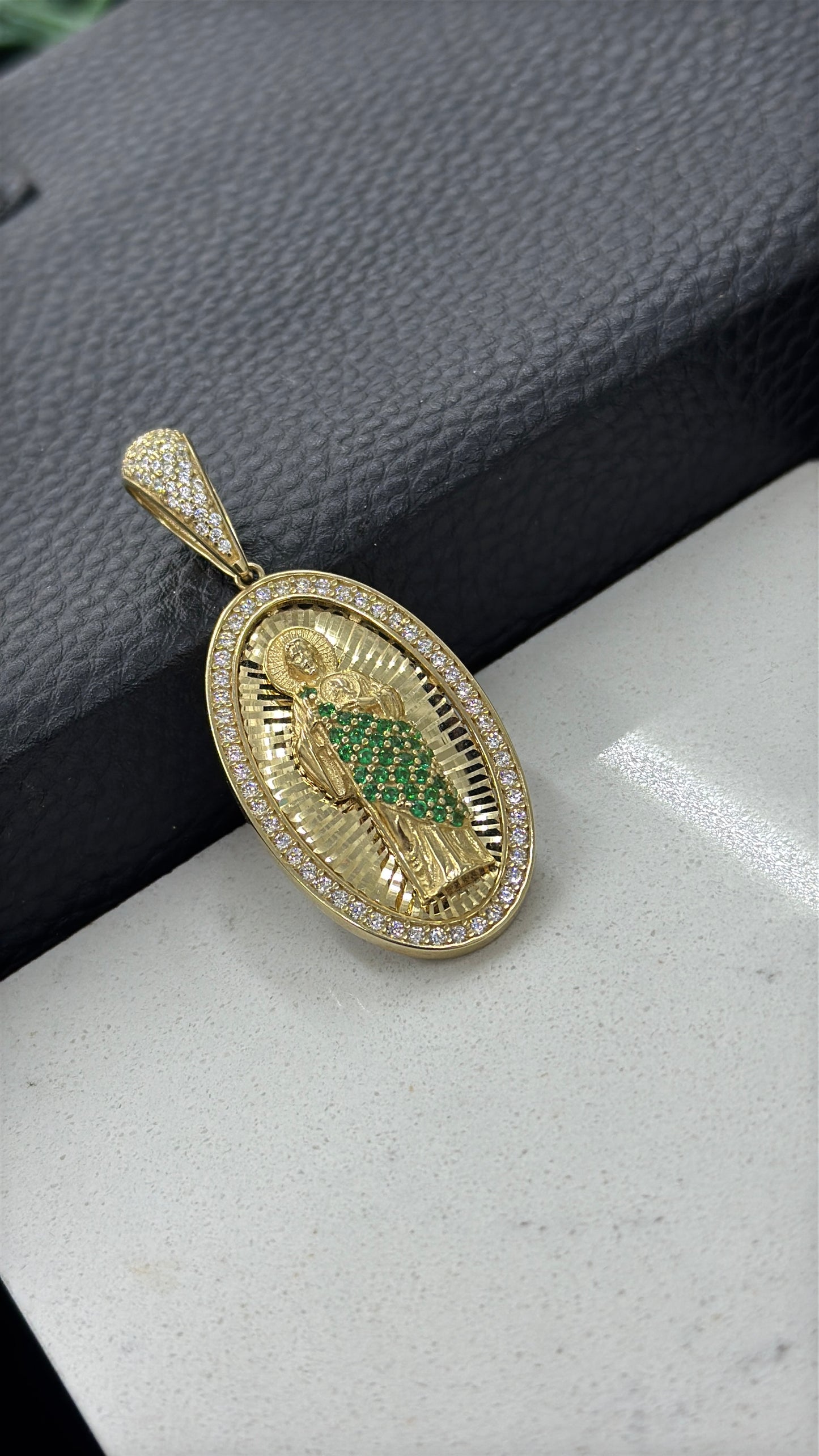 14K Yellow Gold Oval CZ San Judas Pendant 38x22mm