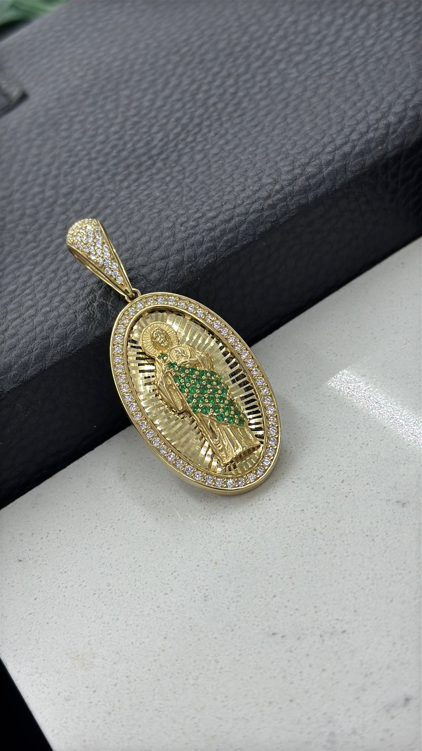 14K Yellow Gold Oval CZ San Judas Pendant 38x22mm