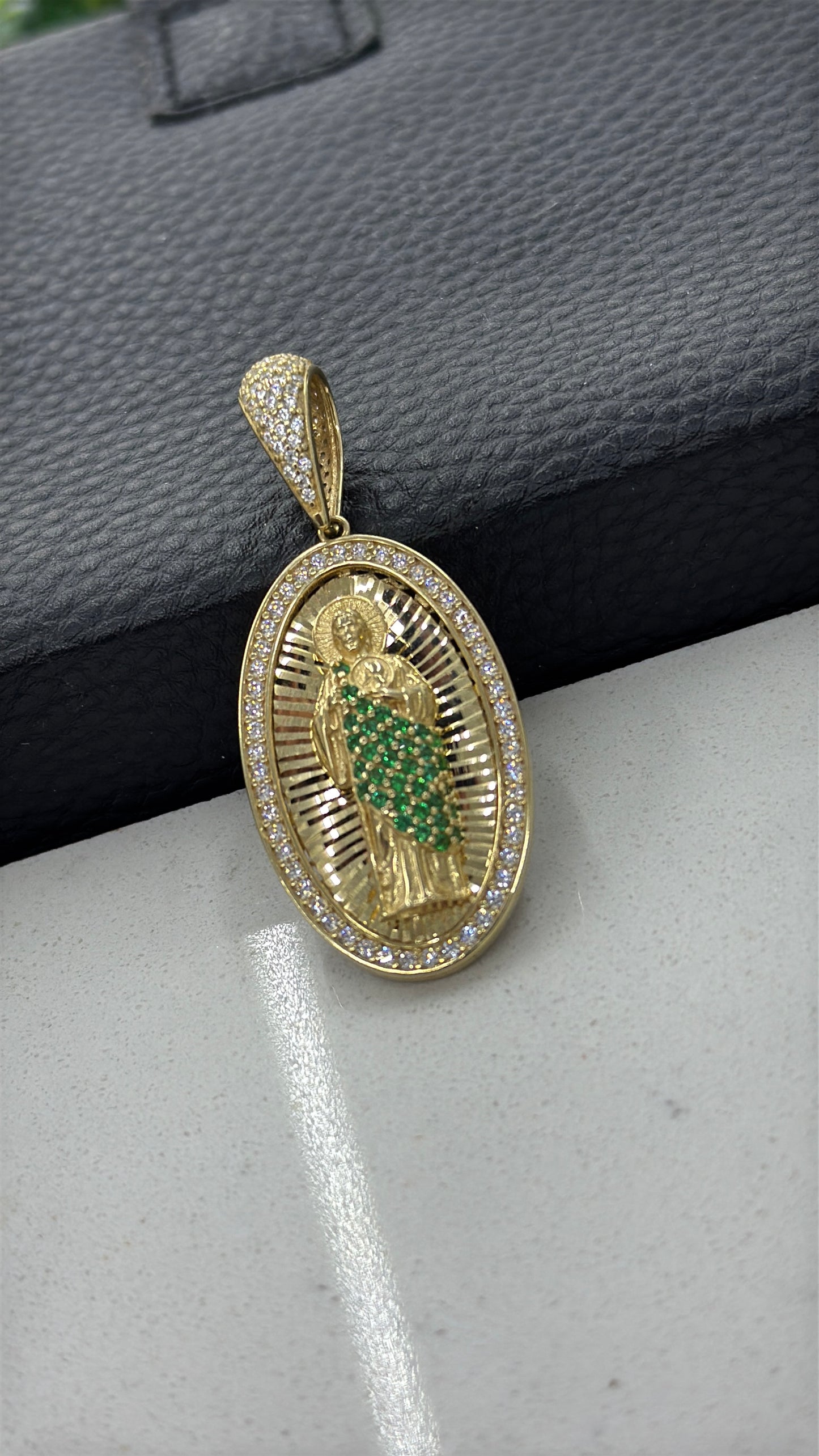 14K Yellow Gold Oval CZ San Judas Pendant 38x22mm